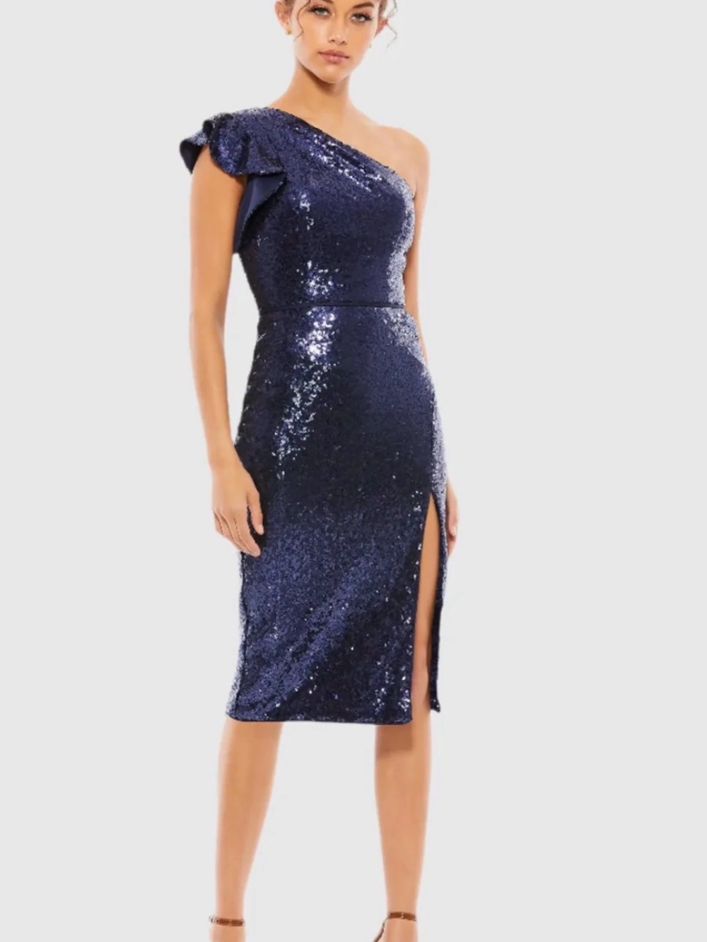 Mac Duggal Navy One-Shoulder Sequin Midi Dress with Side Slit